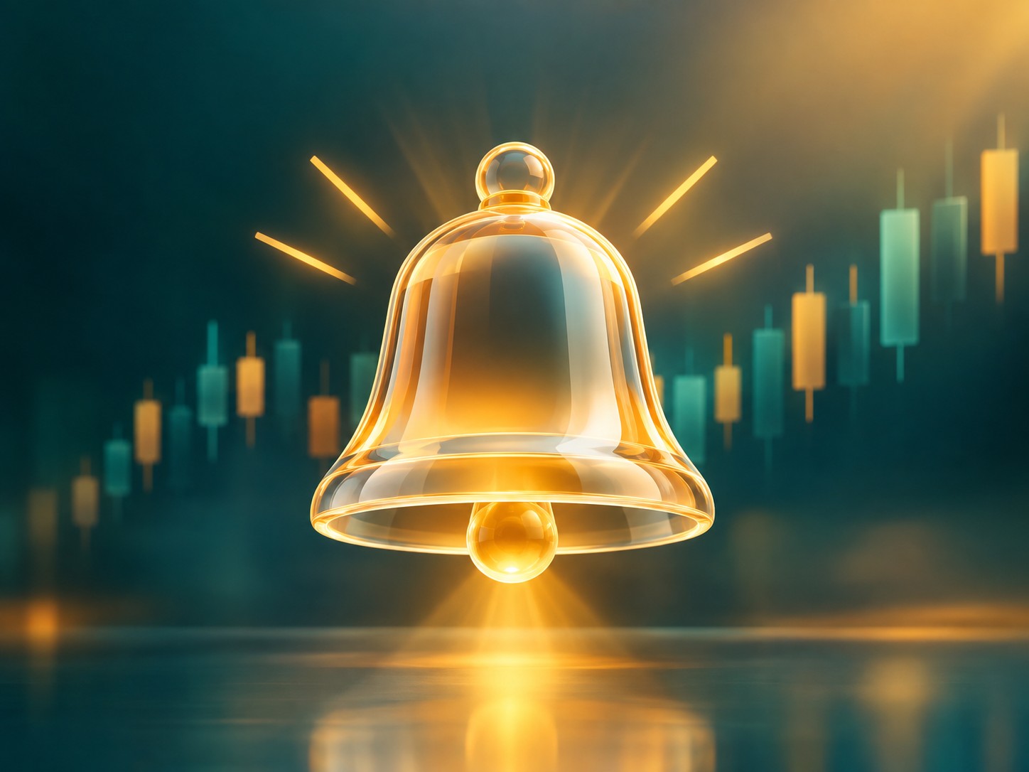 Golden bell with light rays at the moment of market open