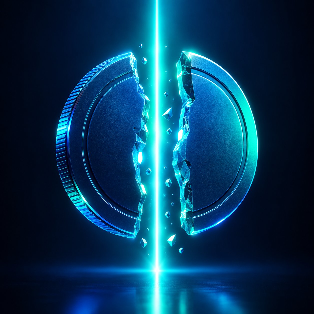 Coin being split into two halves by a beam of light