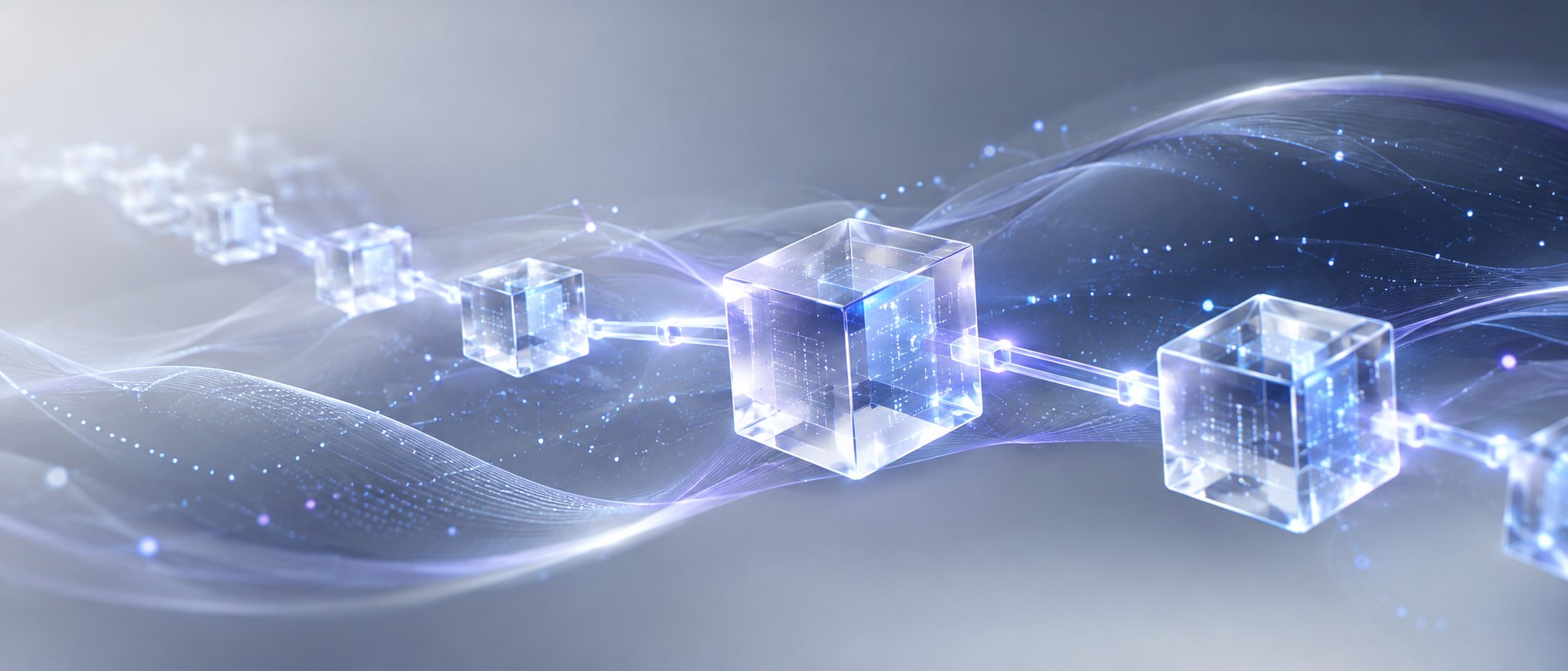 Chain of glowing transparent cubes connected by light links